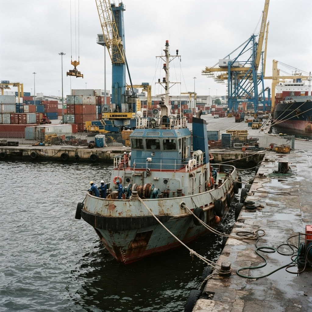 Marine support vessel at a working port supporting Fitzgerald Meelk Limited waterway and project logistics