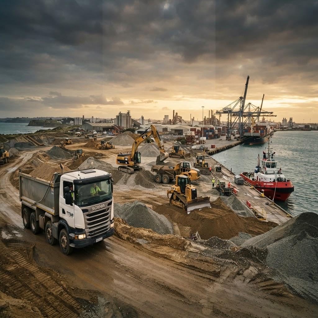 Fitzgerald Meelk Limited industrial operations — haulage truck, earthmoving equipment, and a marine tugboat at a coastal port